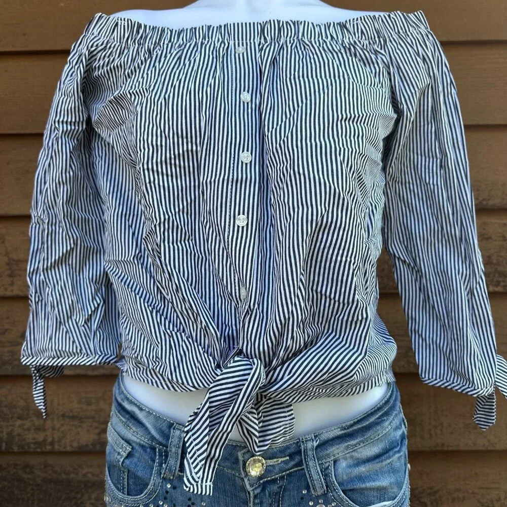 Blue & White Striped Off-The-Shoulder Blouse With Button Front & Tie Hem - Picture 7 of 9